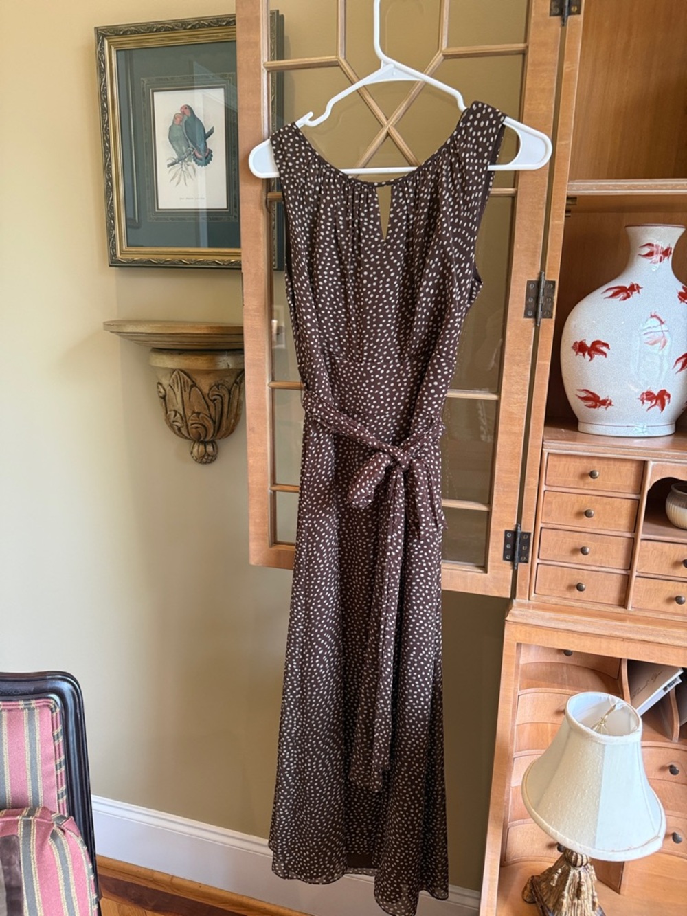 Sleeveless Brown Polka Dot Tie-Waist Maxi Dress